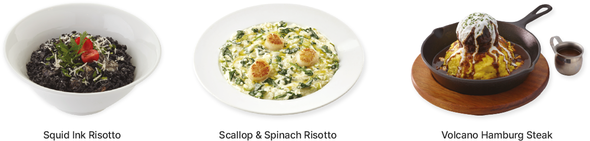 Squid Ink Risotto, Scallop&Spinach Risotto, Volcano Hamburg Steak